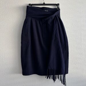 Claude Montana Vintage 80s Navy Blue 100% Wool Fringe Scarf Wrap Skirt